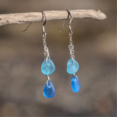 Blue Sea Glass Two Tone Earrings